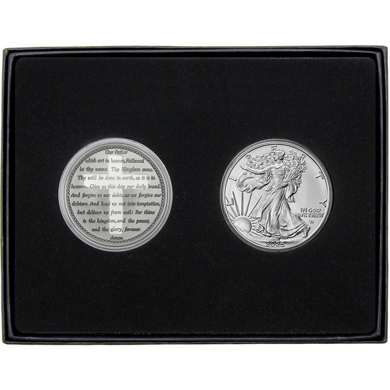 Lord's Prayer Silver Medallion and Silver American Eagle 2pc Gift Set