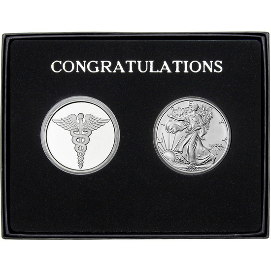 Congratulations Medical Silver Round and Silver American Eagle 2pc Gift Set