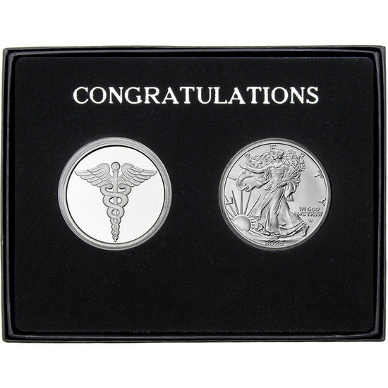 Congratulations Medical Silver Medallion and Silver American Eagle 2pc Gift Set