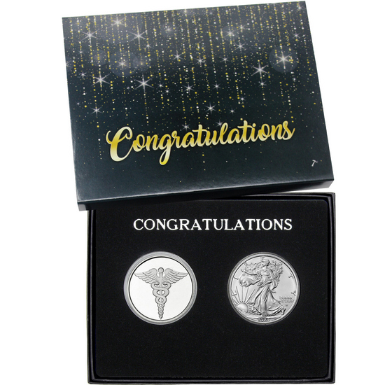 Congratulations Medical Silver Round /& Silver American Eagle 2pc Gift Set