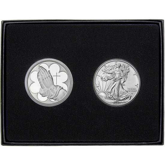 Praying Hands Silver Medallion and Silver American Eagle 2pc Gift Set