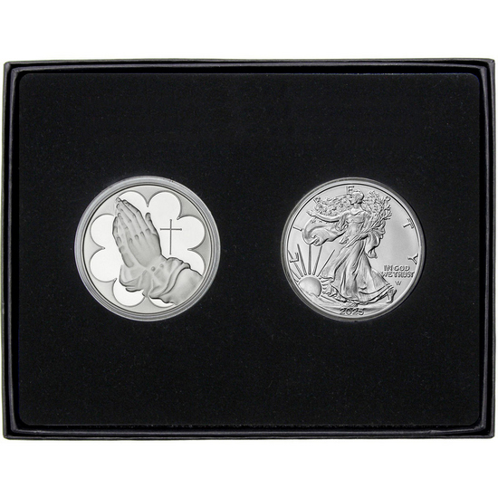 Praying Hands Silver Medallion and Silver American Eagle 2pc Gift Set