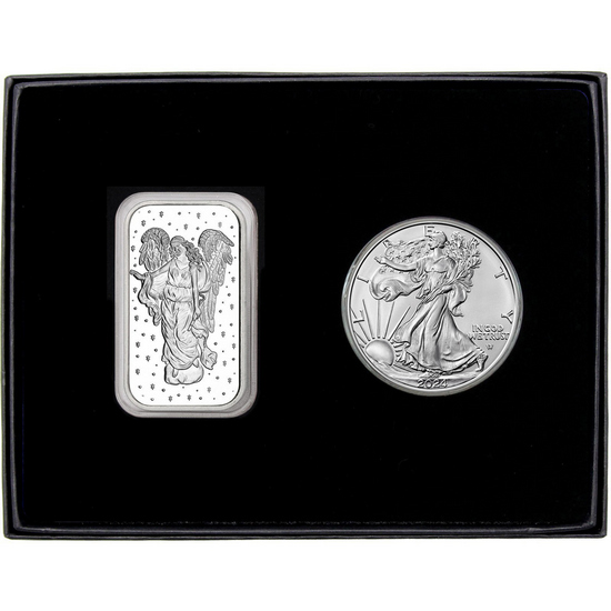 Guardian Angel Silver Bar and Silver American Eagle 2pc Gift Set