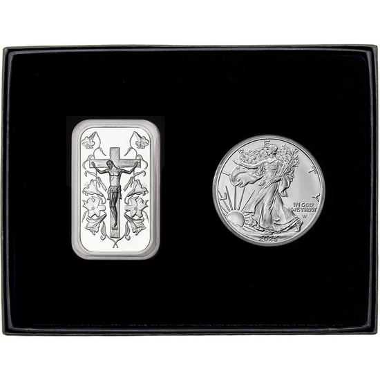 Jesus on the Cross Silver Bar and Silver American Eagle 2pc Gift Set