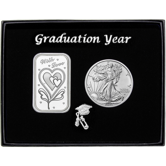 Graduation Year With Love Silver Bar and Silver American Eagle 2pc Gift Set