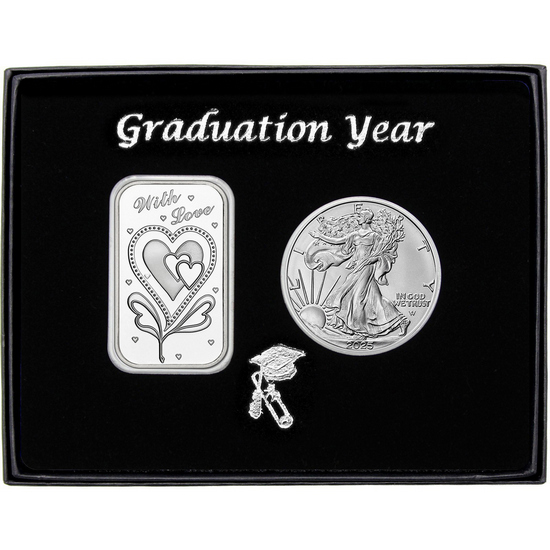 Graduation Year With Love Silver Bar and Silver American Eagle 2pc Gift Set