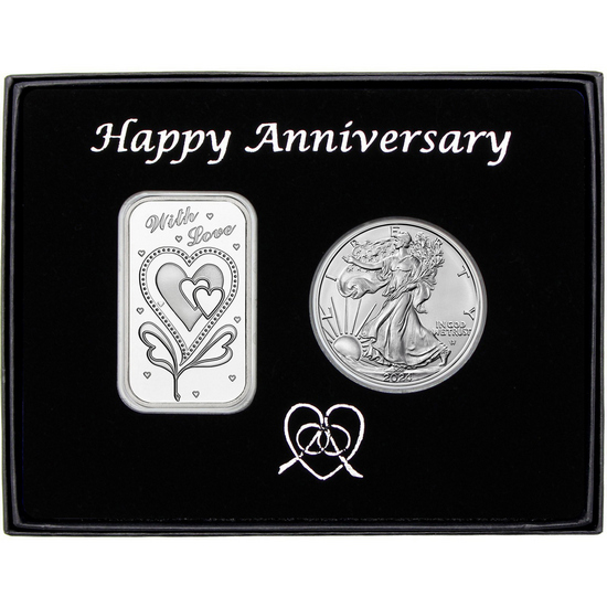 Happy Anniversary With Love Silver Bar and Silver American Eagle 2pc Gift Set