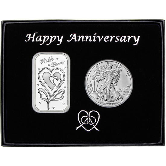 Happy Anniversary With Love Silver Bar and Silver American Eagle 2pc Gift Set