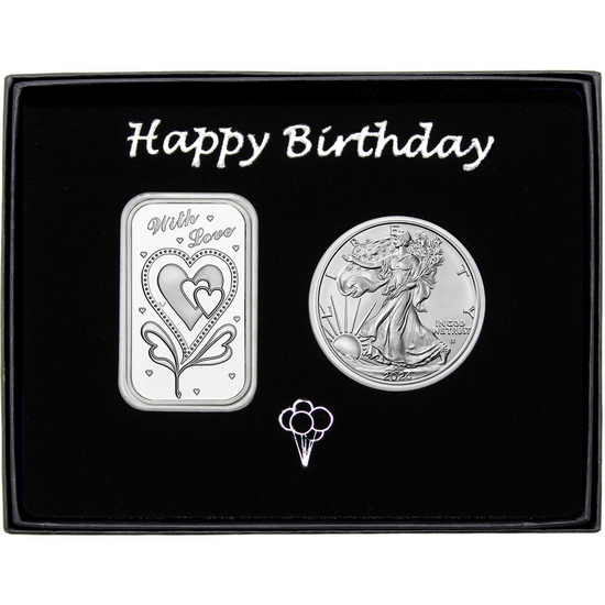 Happy Birthday With Love Silver Bar and Silver American Eagle 2pc Gift Set