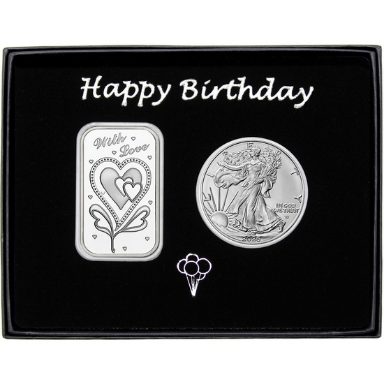 Happy Birthday With Love Silver Bar and Silver American Eagle 2pc Gift Set