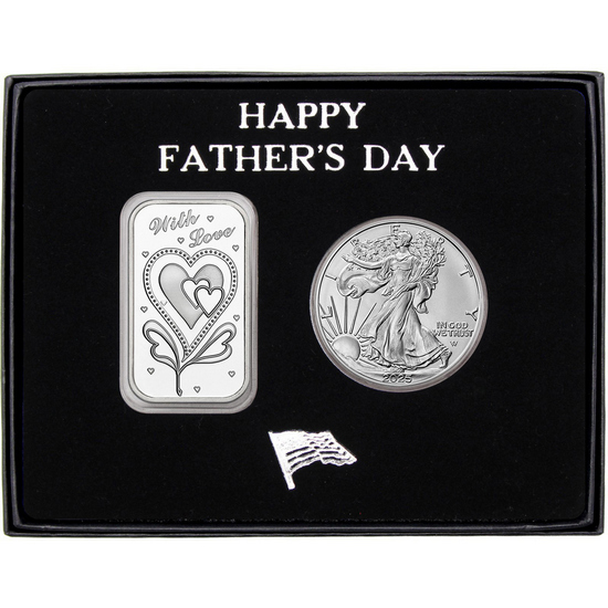 Happy Father's Day With Love Silver Bar and Silver American Eagle 2pc Gift Set