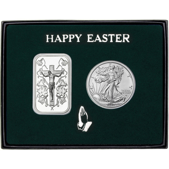 Happy Easter Jesus on the Cross Silver Bar and Silver American Eagle 2pc Gift Set