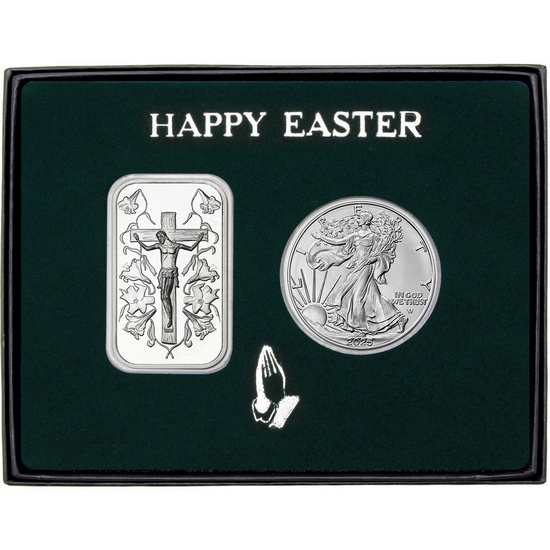 Happy Easter Jesus on the Cross Silver Bar and Silver American Eagle 2pc Gift Set