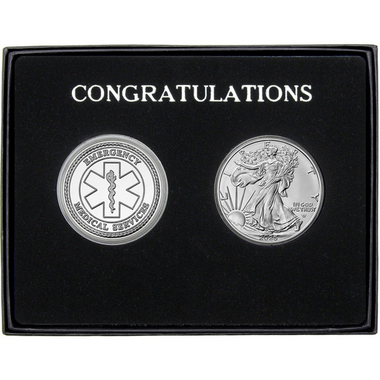 Congratulations EMS Silver Medallion and Silver American Eagle 2pc Gift Set