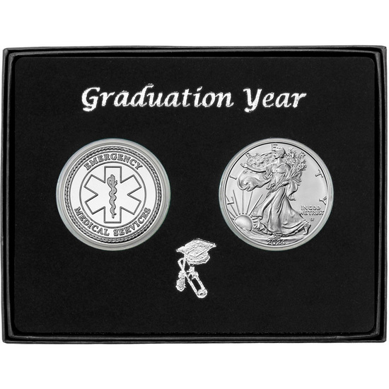 Graduation Year EMS Silver Medallion and Silver American Eagle 2pc Gift Set