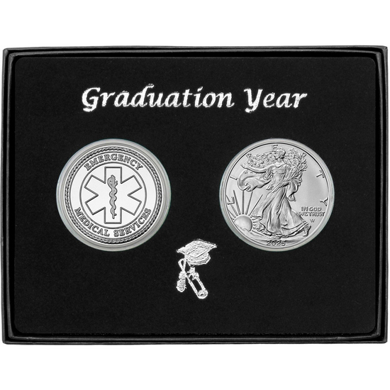 Graduation Year EMS Silver Medallion and Silver American Eagle 2pc Gift Set