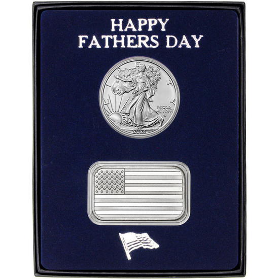 Happy Father's Day American Flag Bar and Silver American Eagle 2pc Gift Set