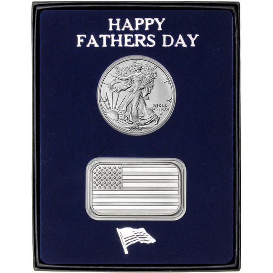 Happy Father's Day American Flag Bar and Silver American Eagle 2pc Gift Set