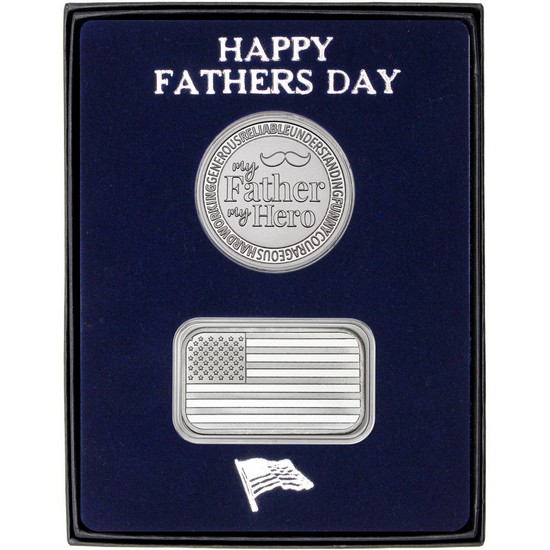 Happy Father's Day My Father My Hero Silver Medallion and Flag Bar 2pc Gift Set