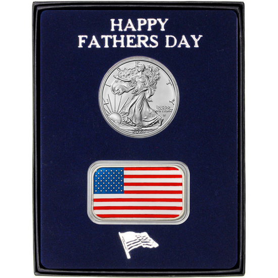 Happy Father's Day Enameled American Flag Bar and Silver American Eagle BU in Gift Box