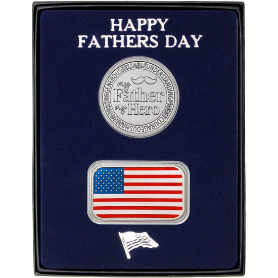 Father's Day Gift Set 1oz Round Father/Hero Silver and Enameled American Flag Bar