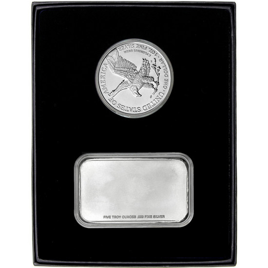 Blank 5oz Silver Bar and Silver American Eagle 2pc Gift Set Blank 5oz Silver Bar and Silver American Eagle 2pc Gift Set