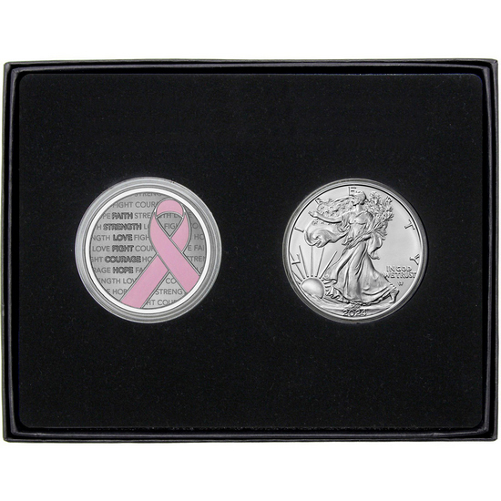 Pink Breast Cancer Awareness Ribbon Silver Medallion Enameled and Silver American Eagle 2pc Gift Set