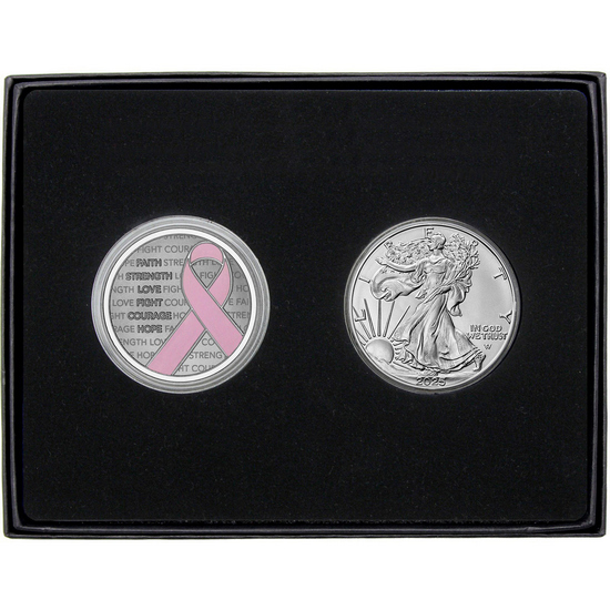 Pink Breast Cancer Awareness Ribbon Silver Medallion Enameled and Silver American Eagle 2pc Gift Set