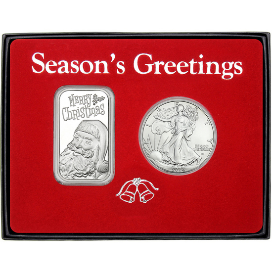 Season's Greetings Santa Claus Star Silver Bar and Silver American Eagle 2pc Box Gift Set