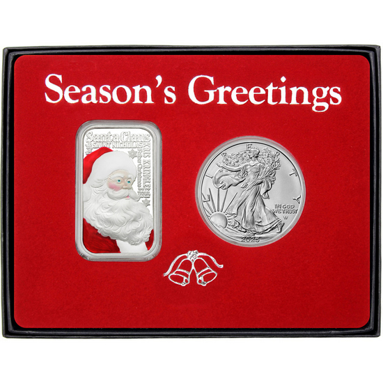 Season's Greetings Santa Nicknames Enameled Silver Bar and Silver American Eagle 2pc Box Gift Set
