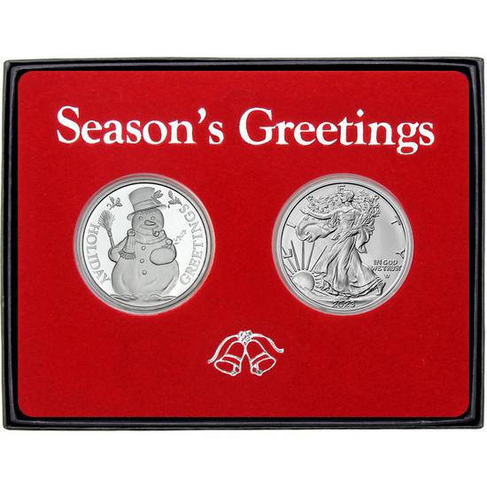 Season's Greetings Sledding Snowman Silver Round and SAE Gift Set