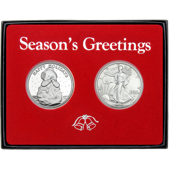 Season's Greetings Caroing Snowman Silver Medallion and Silver American Eagle 2pc Box Gift Set