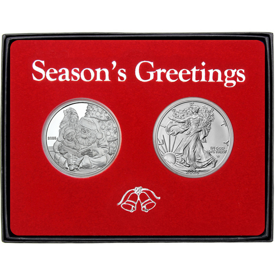 Season's Greetings Storytime with Santa Silver Medallion and Silver American Eagle 2pc Box Gift Set
