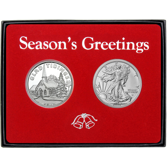 Season's Greetings Glad Tidings Church Silver Medallion and Silver American Eagle 2pc Box Gift Set