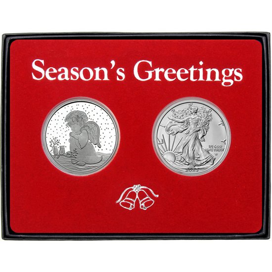 Season's Greetings Angel Light the Way Silver Medallion and Silver American Eagle 2pc Box Gift Set