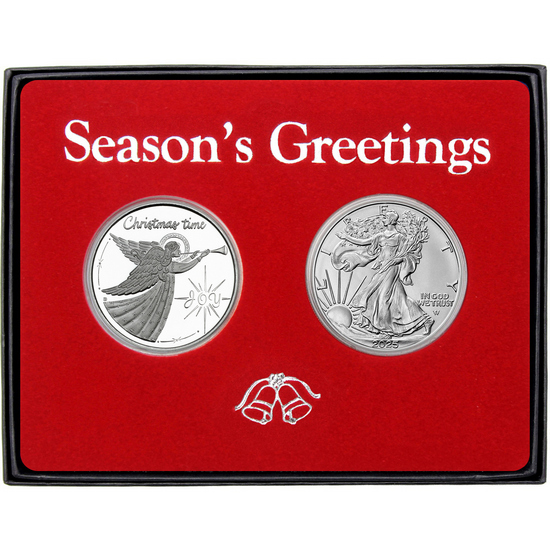 Season's Greetings Joy Angel Silver Round and Silver American Eagle 2pc Box Gift Set