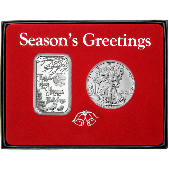 Season's Greetings No Place Like Home Cardinals Silver Bar and Silver American Eagle 2pc Box Gift Set