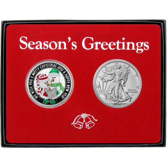 Season's Greetings Caroling Snowman Enameled Silver Medallion and Silver American Eagle 2pc Box Gift Set