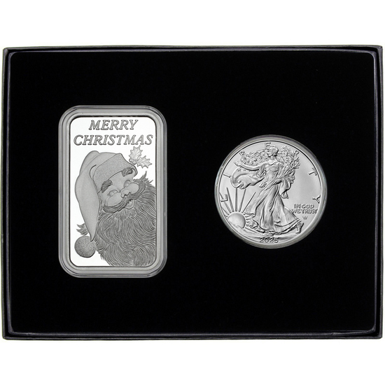 Merry Christmas Santa Face 5oz Silver Bar and Silver American Eagle 2pc Box Gift Set