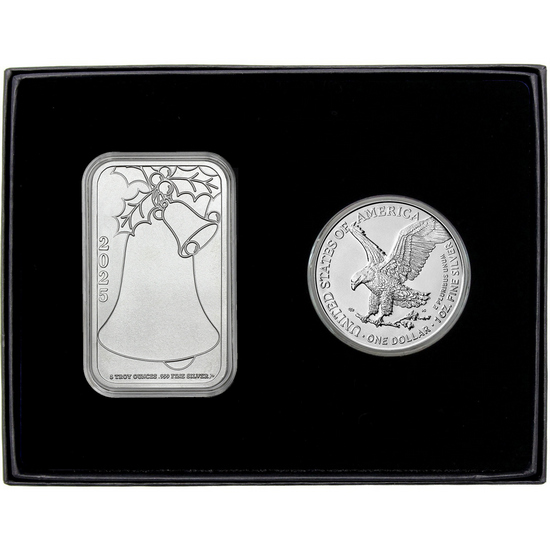 Merry Christmas Santa Face 5oz Silver Bar and Silver American Eagle 2pc Box Gift Set Merry Christmas Santa Face 5oz Silver Bar and Silver American Eagle 2pc Box Gift Set