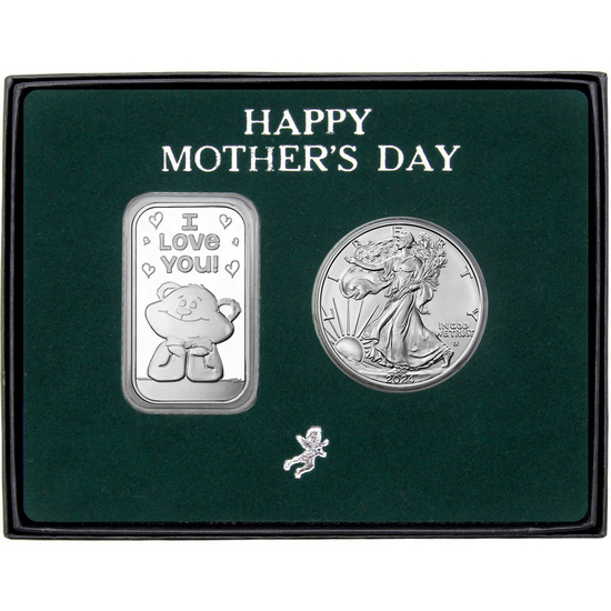 Happy Mother's Day Love Bear Silver Bar and Silver American Eagle 2pc Gift Set