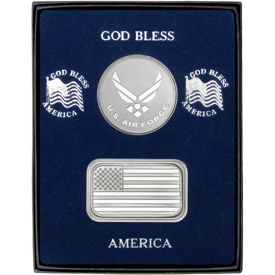American Flag Silver Bar and Air Force Silver Medallion 2pc Gift Set