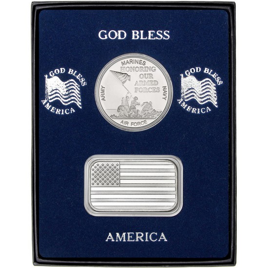 American Flag Silver Bar and Armed Forces Silver Medallion 2pc Gift Set