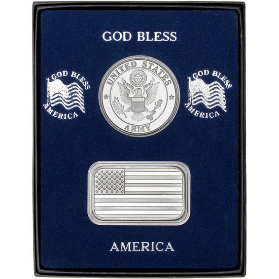 American Flag Silver Bar and Army Silver Medallion 2pc Gift Set
