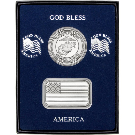 American Flag Silver Bar and Marines Silver Medallion 2pc Gift Set