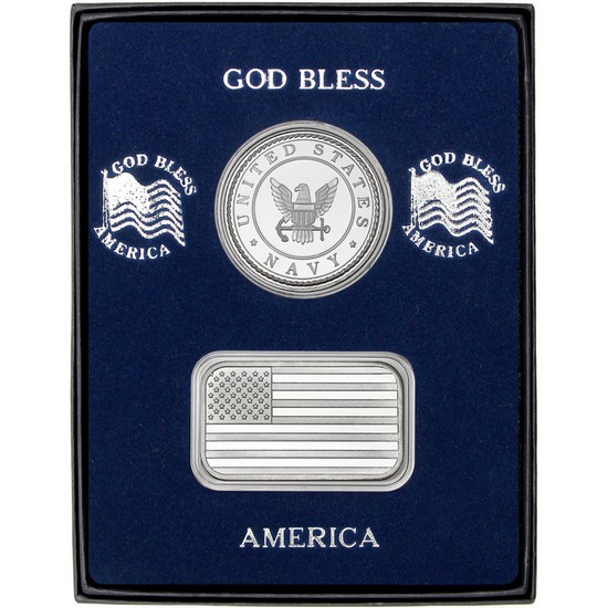 American Flag Silver Bar and US Navy Silver Medallion 2pc Gift Set