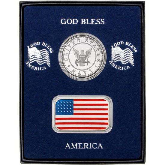 Enameled American Flag Silver Bar and US Navy Silver Medallion 2pc Gift Set