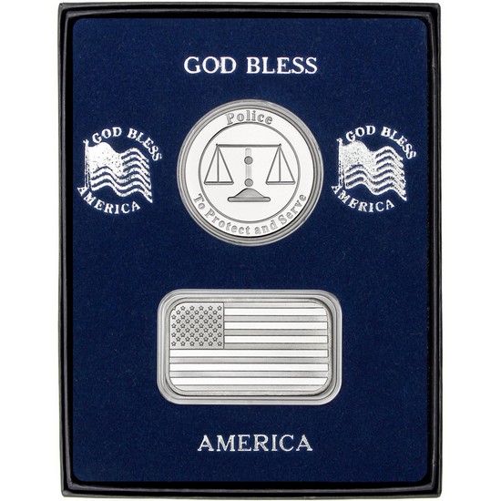 American Flag Silver Bar and Police Medallion 2pc Gift Set