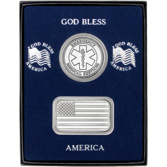 American Flag Silver Bar and EMS Silver Medallion 2pc Gift Set