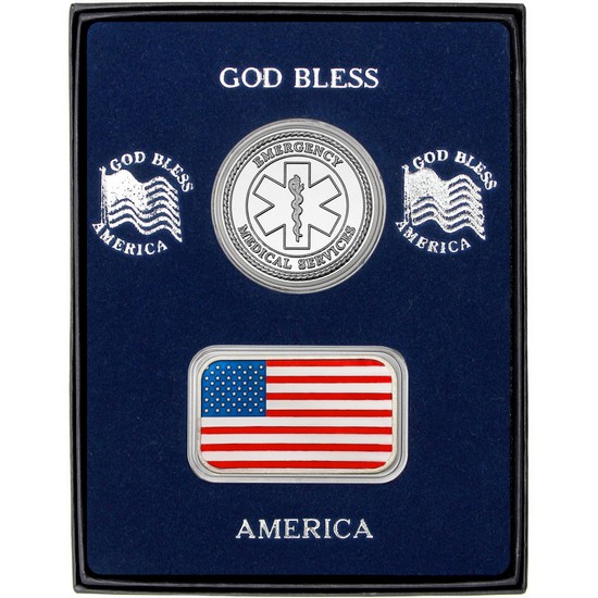 Enameled American Flag Silver Bar and EMS Silver Round 2pc Gift Set